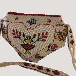 Vintage Beaded Purse Floral Heart Design Cream Red Beads Quilt Interior Zipper